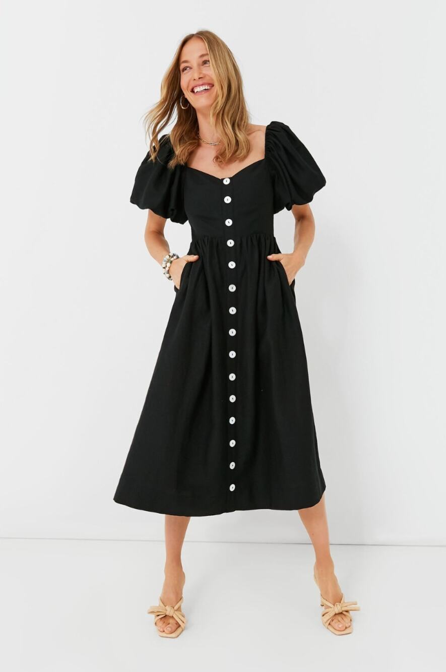 TUCKERNUCK x POMANDER PLACE Alexis Midi Dress Linen Black Sz L NWT $168 {JJ2} - Picture 1 of 5